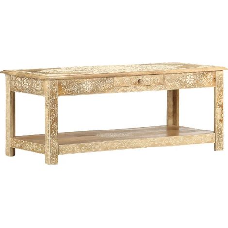 Table basse rectangulaire 1 tiroir manguier massif clair sculpté Ratu (1/5)