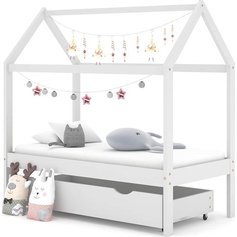 Lit simple pour enfant - Cadre de lit avec un tiroir Blanc Pin massif 70x140 cm BV393972 - BonneVie (1/5)