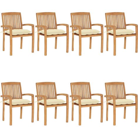 Lot de 8 Chaises de jardin empilables avec coussins - Chaise d'extérieur pour terrasse/jardin Teck solide BV203252 - BonneVie (1/5)