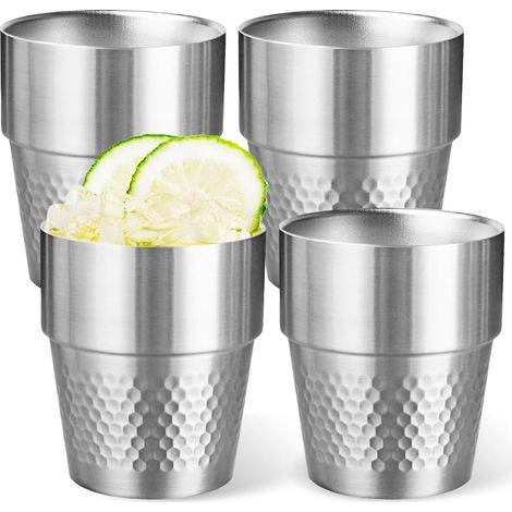 Confezione da 4 bicchieri termici in acciaio inox da 300 ml, impilabili, ideali per viaggi, campeggio e attività all'aperto.