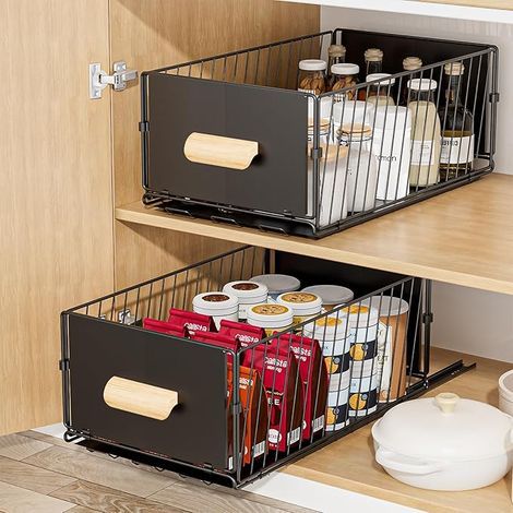 Tiroir Coulissant Cuisine, 24x40x17CM Organiseurs de Placards, pas Besoin de Percer Panier Coulissant Cuisine pour Rangement Dressing,Noir (1/5)