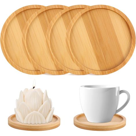 Plateau à Bougies, 4 PCS Assiette à Bougie, Ø 10 cm Plaque de Bougie, Candle Plate en Bambou, pour Mariage, Maison, baptême, Communion, Jardin décoration (1/5)