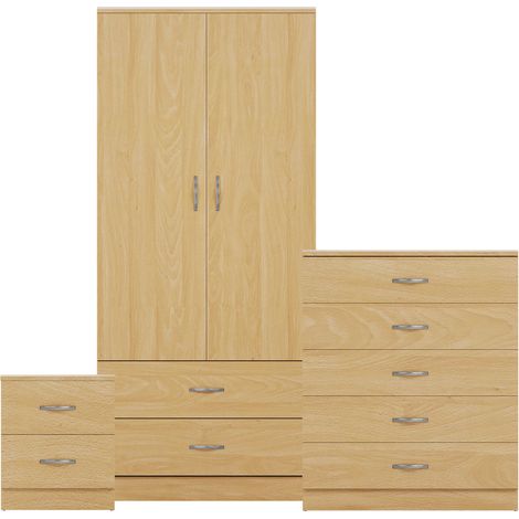 Riano 3 Piece Bedroom Set (2 Drw Bedside Chest, 5 Drw Chest, 2 Dr 2 Drw Wardrobe), Pine (1/3)