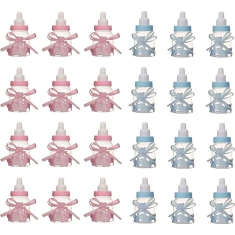 Lot de 24 mini bouteilles de bonbons étiquettes ours en peluche, cadeaux de baptême et fête (rose + bleu) (1/5)