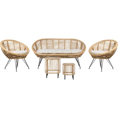 Conjunto 4 plazas con mesas de centro ratán sofá sillón boho beige claro cojín tela algodón resistencia media interior natural Maratea/Cesenatico