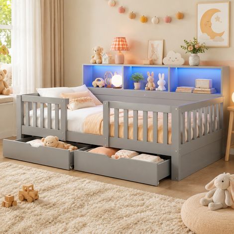 Cama infantil 90 x 200 cm gris con barrera de seguridad, cajones y LED (1/5)