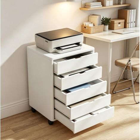 Cassettiera da ufficio bianca con ruote, 5 cassetti, 50 x 40 x 67,5 cm OKWISH (1/5)