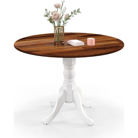 COSTWAY Wooden Dining Table with Round Tabletop & Curved Trestle Legs-Brown (1/5)