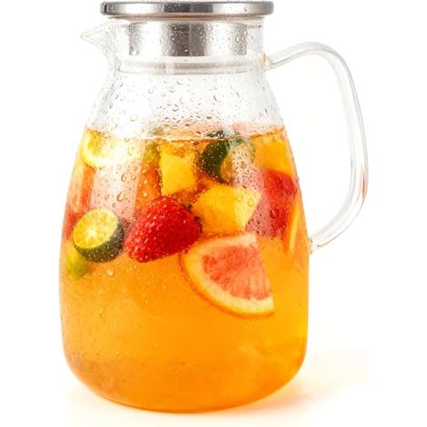 Carafe en Verre - 2 Litres - Verre Borosilicate - Couvercle Filtrant Inox - Pour Eau Thé Jus - 2 L
