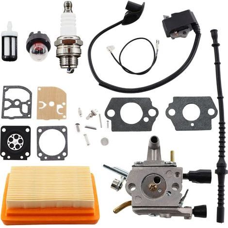 Vergaser mit Zündspule, Kraftstofffilter, Kraftstoffleitung und Luftfilter für Stihl Rasenmäher/Freischneider/Motorsensen der Modelle FS120, FS200, FS202, FS250, FS300 und FS350 (Teilenummer 413414103 (1/5)