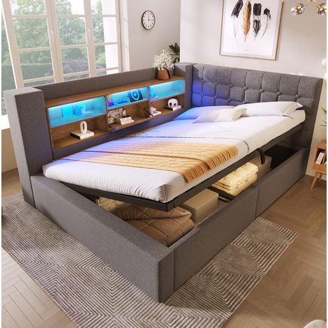 Cama 140x200 cm gris tapizada en lino, almacenaje hidráulico y LED (1/5)