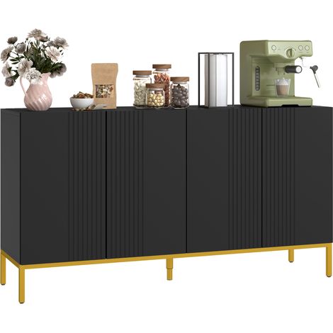 Credenza dal design grafico contemporaneo con 2 ante, ripiani regolabili, finitura in legno nero e metallo dorato.