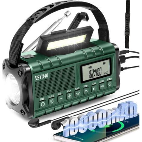 Radio d'urgence avec alerte météo portable, radio de survie numérique AM/FM à manivelle, réveil, lampe de poche d'urgence SOS, vert.
