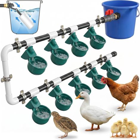 Abreuvoir pour poules - Système d'irrigation automatique pour volaille, canard, oie, avec 9 gobelets et 10 tuyaux d'eau, pour arroser les poules, les canards et les oies (1/5)