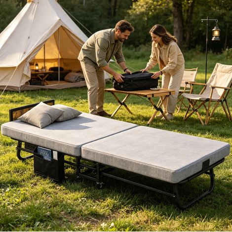 Letto pieghevole 102x79x18 cm, materasso memory foam 3 pollici, porta USB, metallo e legno grigio (1/5)