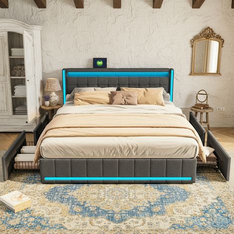 Letto matrimoniale capitonné 140 x 190 cm con 4 cassetti, rete a doghe, illuminazione LED RGB, porte USB e Type-C, rivestimento in lino, stile scandinavo, grigio (1/5)
