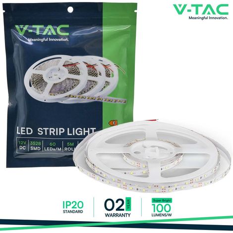 V-TAC VT-3528 Striscia LED 12V SMD3528 5M 4.2W/M 60LED/M 100LM/W monocolore bianco caldo 3000K IP20 - SKU 212016