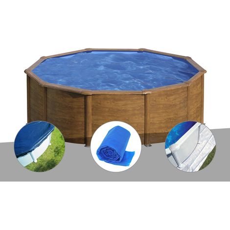 Kit piscine acier aspect bois Gré Sicilia ronde 3,20 x 1,22 m + Bâche hiver + Bâche à bulles + Tapis de sol