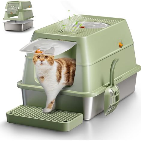 Cat Litter Tray, 60 x 40 x 39 cm, XXL Stainless Steel Litter Tray with Lid, Removable Folding Lid and Closed Design with High Edges, Large Cat Litter Tray – Green (1/5)