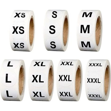 3500 etiquetas de tallas para ropa, Sellado, Etiquetas bordadas tejidas, 500 piezas por rollo, Pegatinas impermeables, 7 tamaños, 2,5 cm, Blancas (1/5)
