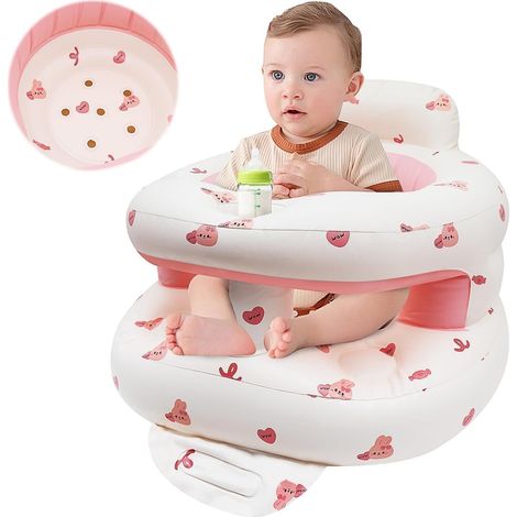 Siège gonflable en cuir pour bébé double couche imprimé cœur de lapin rose, siège de jeu gonflable avec porte-gobelet, siège enfant compact résistant à l'eau pour la maison et les voyages (1/5)