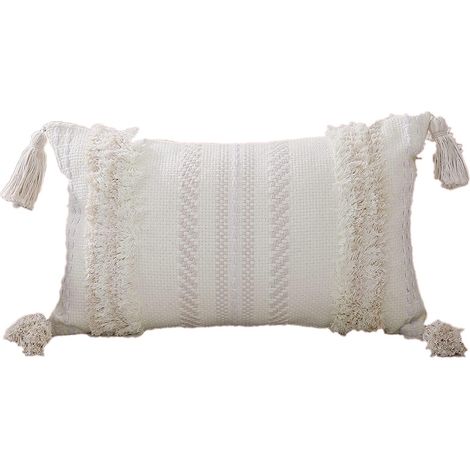 Funda de cojín lumbar, de algodón tejido a mano, con estampado bohemio y borlas, para sofá, cama, dormitorio o sala de estar. (1/5)