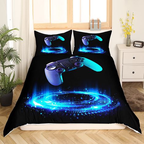 Parure de lit pour garçon 135 x 200 cm Jeu vidéo Housse de couette pour enfants, adolescents, adultes Geometric Circle 2 pièces Noir, bleu (1/5)