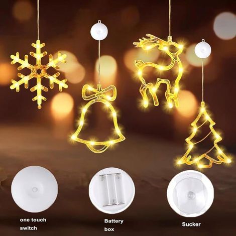 Lot de 4 Décorations Lumineuses Noël avec Minuterie - Flocons Étoiles Sapins LED Blanc Chaud Ventouse Fixation (1/5)