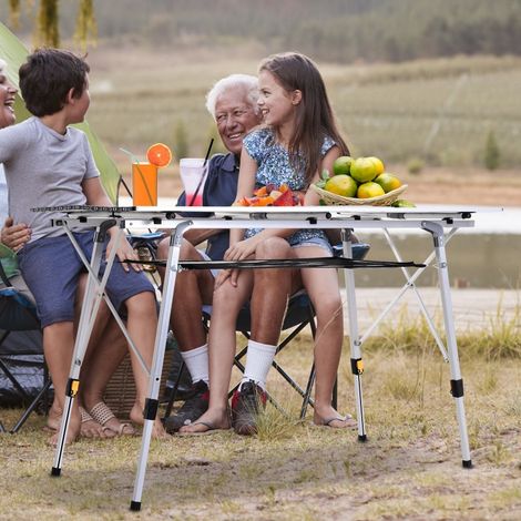 Table de camping pliante réglable en hauteur, table de pique-nique en aluminium argenté, avec housse de transport, dimensions 120 x 69 x 59-78 cm