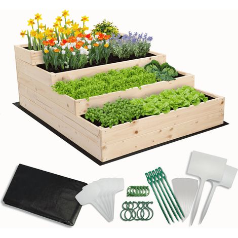MODO24 Carré potager surélevé en bois, 4 niveaux en cascade, 45x90x120 cm, jardin/terrasse, kit jardinier inclus, naturel