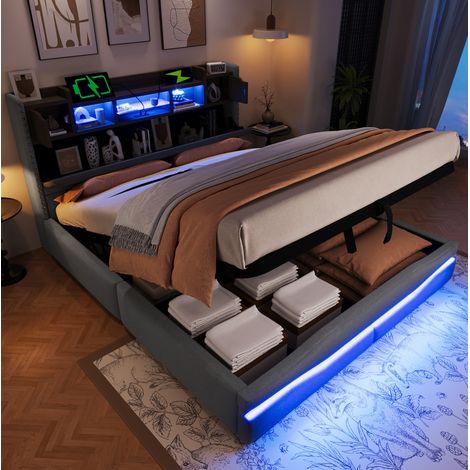 Polsterbett Leinen Grau 160x200 cm mit hydraulischem Stauraum, LED-Beleuchtung und USB/Typ-C-Anschlüssen (1/5)