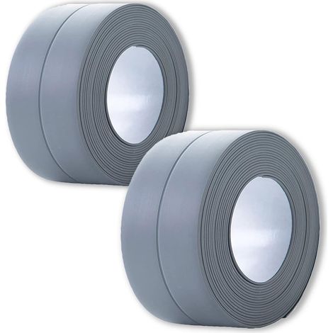 Lot de 2 rouleaux de ruban d'étanchéité autocollant gris de 3,2 m x 3,8 cm pour cuisine, évier, salle de bain, toilettes et baignoire. Protection des bords de sol et de mur.