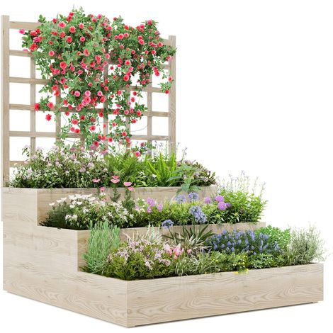 Jardin Vertical en Bois à 3 Niveaux avec Treillis et Fond Ouvert pour Plantes Grimpantes, Légumes, Herbes - Bac de Plantation (1/5)