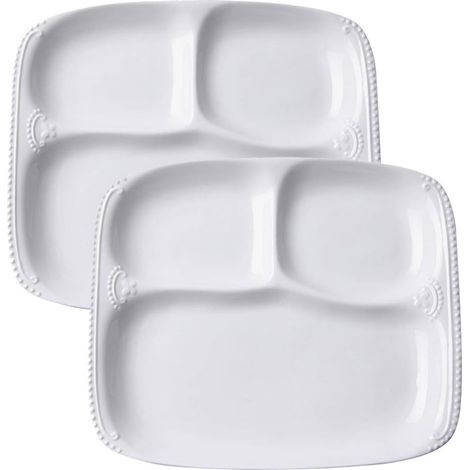 Assiette en Porcelaine Blanche avec 3 Compartiments pour Une Personne, Plateau Rectangulaire 3-en-1 avec Motif à Perles - 10" 8.5" 1" (1/5)