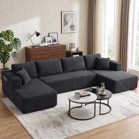 Canapé modulaire en U avec 2 chaises longues, canapé-lit en velours côtelé avec mousse haute densité et rembourrage en plumes, gris foncé (1/5)
