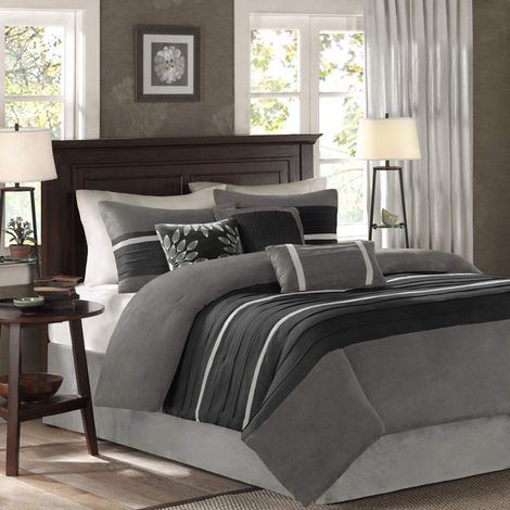Parure de lit 7 pièces Noir et Gris California King Size Micro Daim Comprend 1 Couette, 3 oreillers décoratifs, 1 Cache-sommier et 2 taies d'oreiller (1/5)
