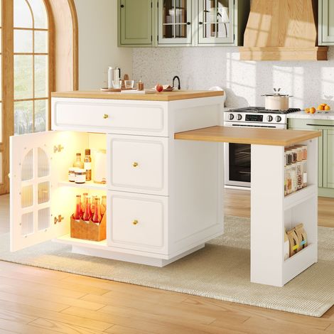îlot de cuisine extensible 12.5-195.5 cm avec tiroirs,bande lumineuse LED RVB,Table de bar avec rangment,Table à manger avec vitrine en verre,Blanc (1/5)