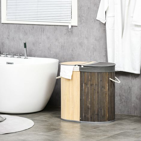 Cesto portabiancheria in bambù da 100 litri con 2 scomparti, coperchio e sacco removibile, 62,5 x 37 x 60,5 cm - Grigio