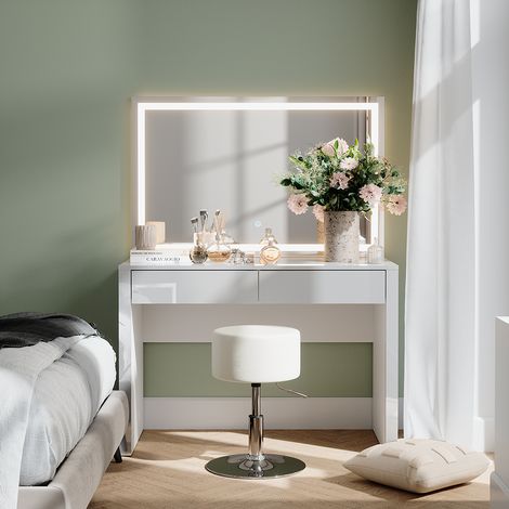 Coiffeuse Annabelle, blanc brillant/blanc, 110cm avec miroir LED et tabouret, Vicco (1/5)