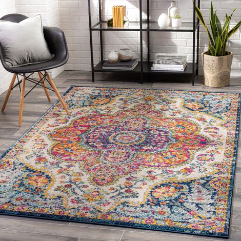 Surya Rabat Tappeto Vintage per Soggiorno, Corridoio, Cucina - Orientale, Classico, Facile Manutenzione Pelo Corto, Grande 160x230 cm - Fucsia, Arancione, Giallo, Blu Turchese (1/5)