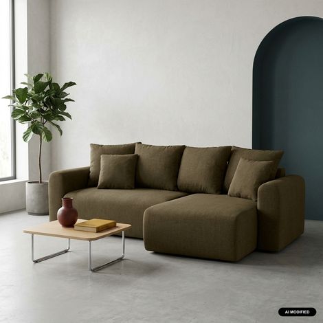 Canapé d'angle convertible réversible 3 places tissu chenille avec coffre de rangement - Almo Chenille Kaki (1/5)
