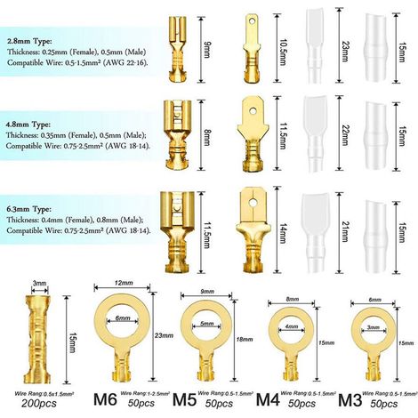 Lot de 1000 cosses à sertir rapides 2.8/4.8/6.3 mm, embouts en laiton avec gaine isolée, kit de connexion pour usage industriel (1/2)