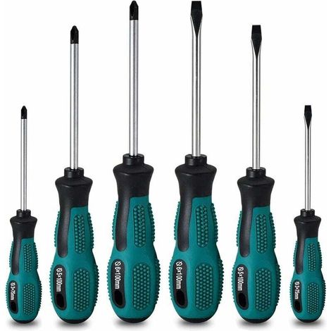Set di 6 cacciaviti magnetici ad alta resistenza in acciaio al cromo vanadio con 3 teste piatte e 3 teste a croce - con custodia