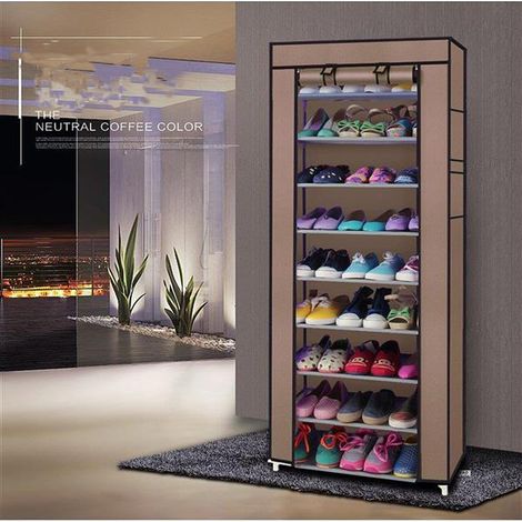 GROOFOO 9 Layer Shoe Cabinet, Closed Type Shoe Rack Coffee (1/5)