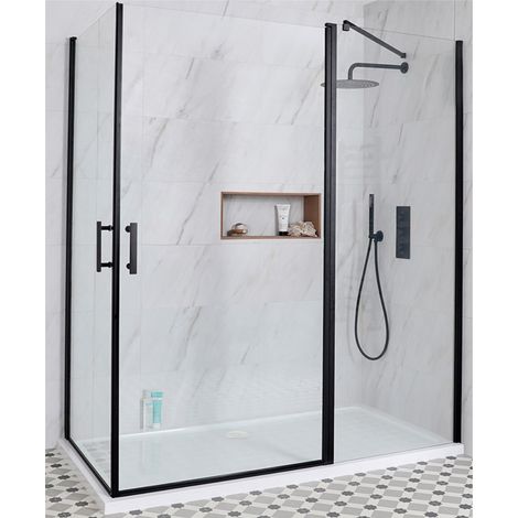 Milano Nero Black Corner Walk In Wet Room Hinged Door Shower Enclosure with White Tray and Fast Flow Waste - 1600mm x 760mm (1/5)