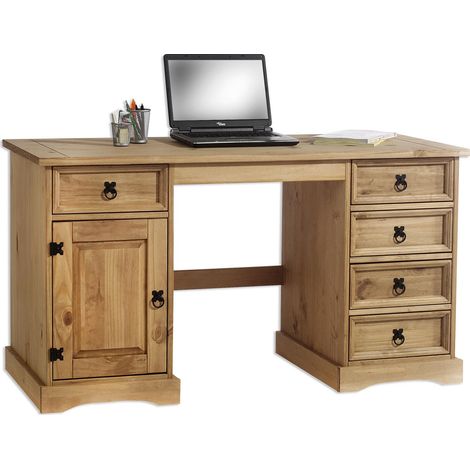 Idimex – Bureau droit en pin massif brun – 5 tiroirs et 1 placard – Dimensions 77x140x60 cm – Style mexicain rustique