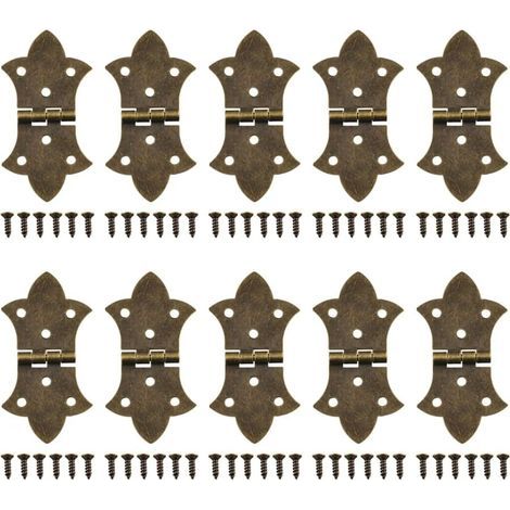 Lot de 10 charnières décoratives à rabat avec vis, bronze antique, pliables à 6 trous pour boîte en bois, armoire, boîte à bijoux (1/5)