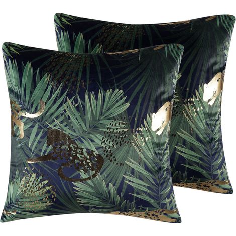 Conjunto de 2 cojines decorativos de terciopelo verde con hoja de palma 45 x 45 cm patrón floral decoración retro Bellerose