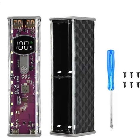 Nahtloses, transparentes externes Akkugehäuse (22,5 W) für 8 x 18650-Akkus, kompatibel mit Energiesparmodus, zwei USB-C-Anschlüsse, schwarz (1/5)