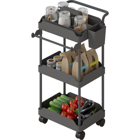 Chariot de cuisine 3 niveaux avec paniers amovibles, porte-serviettes, gris